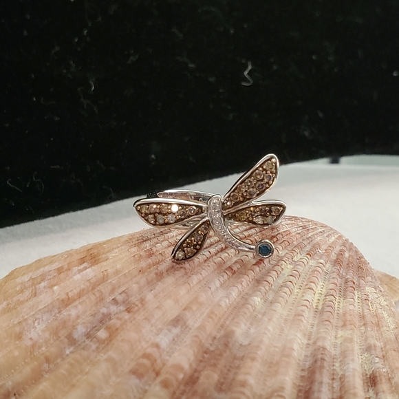 Diamond and Blue Topaz Sterling Silver Dragonfly Ring Size 7 - Picture 6 of 15